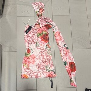 AFRM Pink Floral One-Shoulder Mini Dress with Long Sash